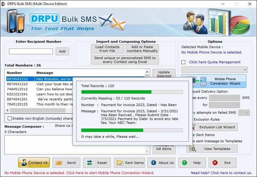 Send, bulk, text, data, SMS, software, multi, phone, broadcast, message, file, internet, connection, GSM, mobile, device, communicate, business, product, software, client, friends, relative, deliver, wizard, contact, number, GUI, OS, Windows