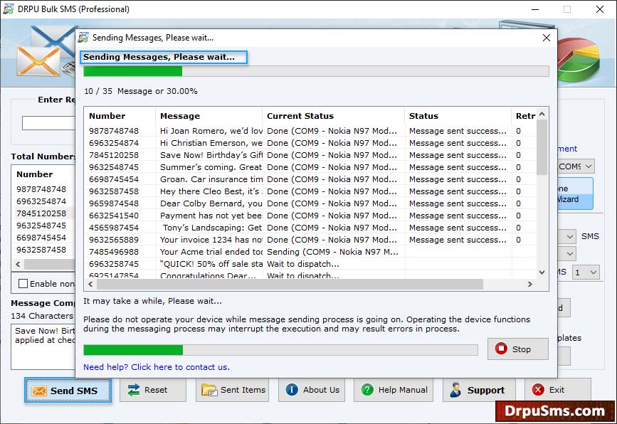 SMS sending process SMS sending process