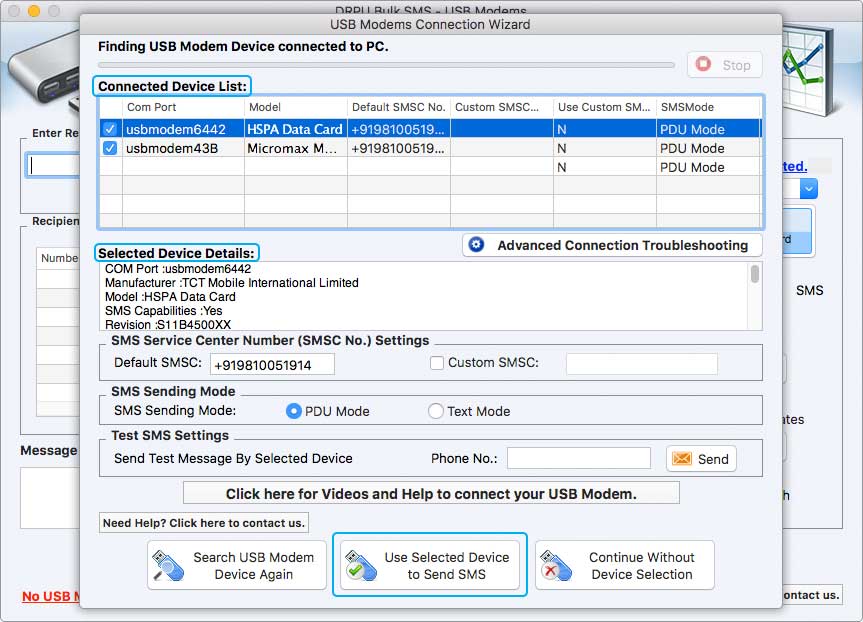 MAC Bulk SMS Software for USB Modems Device Details