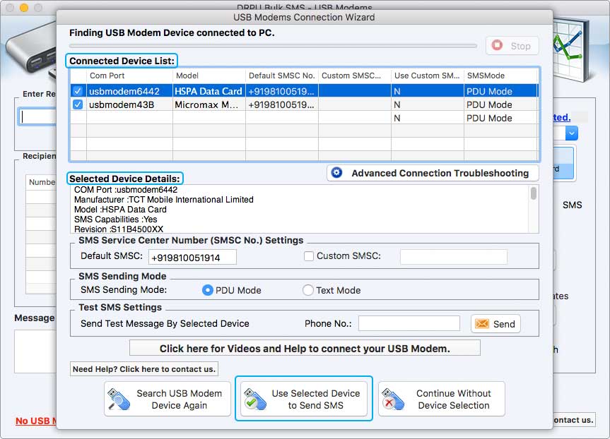 Selected Device Details MAC Bulk SMS Software for USB Modems