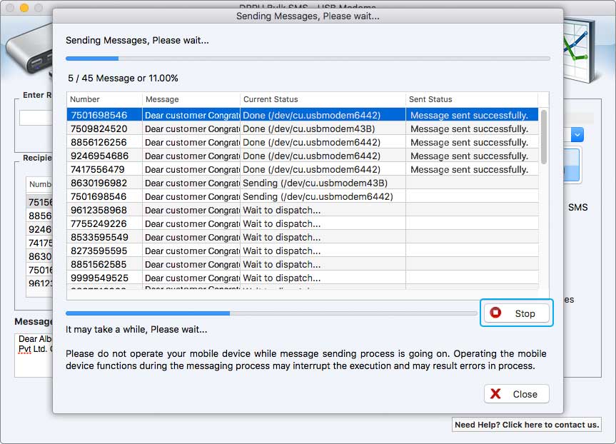 MAC Bulk SMS Software for USB Modems Sending Process